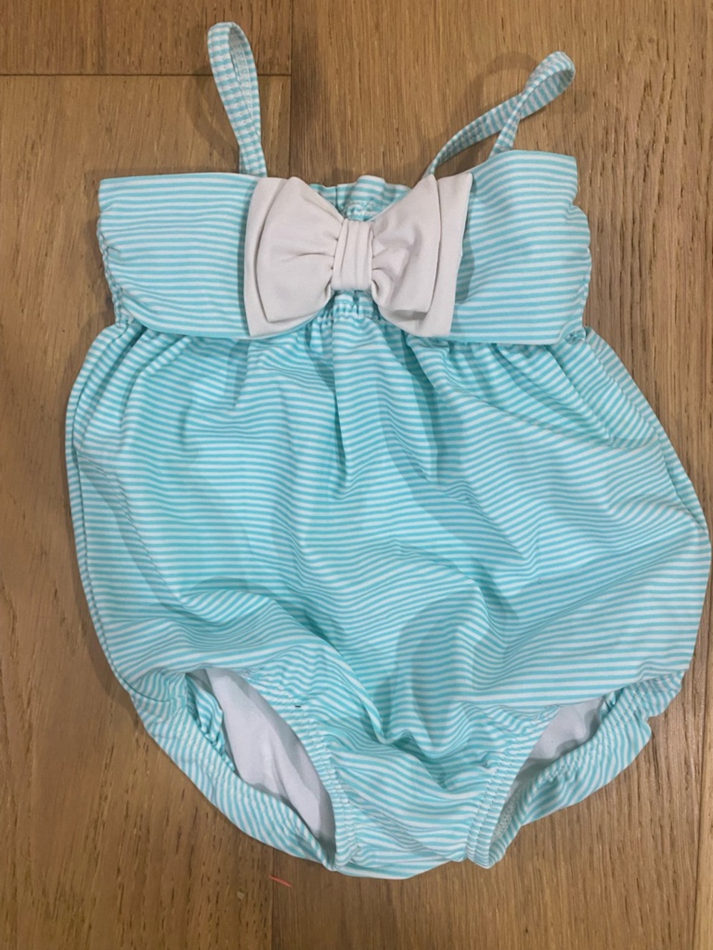 Janie & Jack Baby Girl turquoise Striped Bow One-Piece Swim 6-12m VGUC.